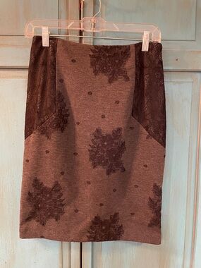 Anthropology Maeve Gray Pencil Skirt with Black Lace Panels